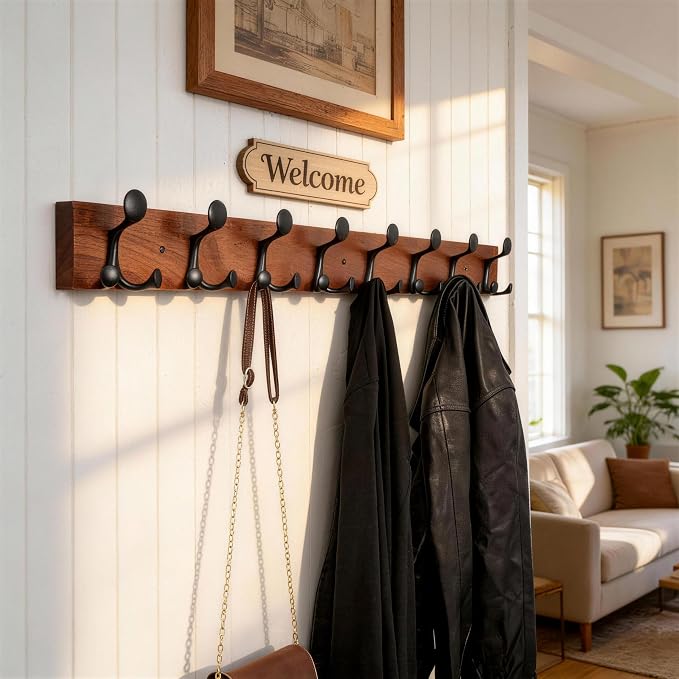 WEBI Coat Rack Wall Mount,43" Solid Wood Coat Hooks Wall Mounted Coat Hanger,16" Hole to Hole,Heavy Duty 8 Triple Hooks for Hanging Coats,Jacket,Hat,Backpack,Farmhouse,Reddish Brown