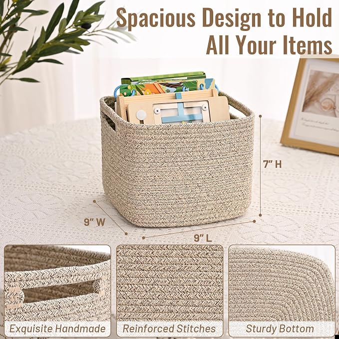 3 Pack Cube Storage Bin, 9”x9”x7” Cotton Rope Woven Baskets for Organizing Toys Clothes Towels, Square Gift Storage Baskets for Shelves, Nursery, Closet, Bathroom, Pantry (Jute)