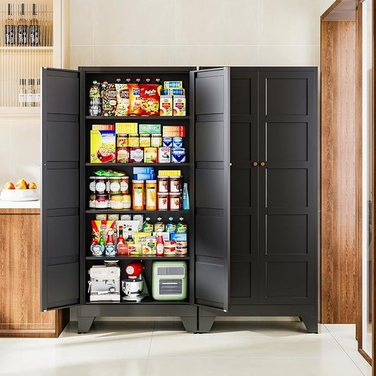 Letaya 72" H Metal Storage Cabinet with 2 Doors and 4 Shelves,Tall Kitchen Pantry Cabinets,Utility Pantry Organizers for Cupboard/Dining/Bathroom/Home Office/Garage (Black, 72" H x 18" D x 33.5" W)