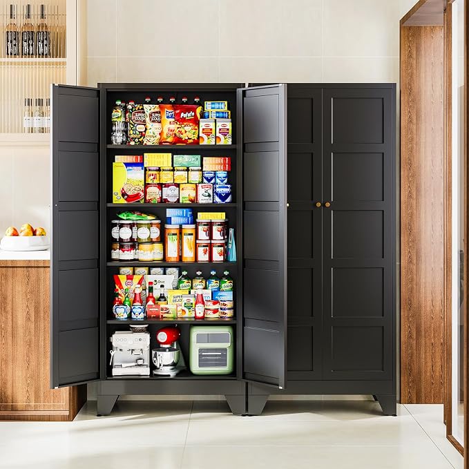 Letaya 71" H Metal Storage Cabinet with 2 Doors and 4 Shelves,Tall Kitchen Pantry Cabinets,Utility Pantry Organizers for Cupboard/Dining/Bathroom/Home Office/Garage (Black, 71" H x 16" D x 32" W)