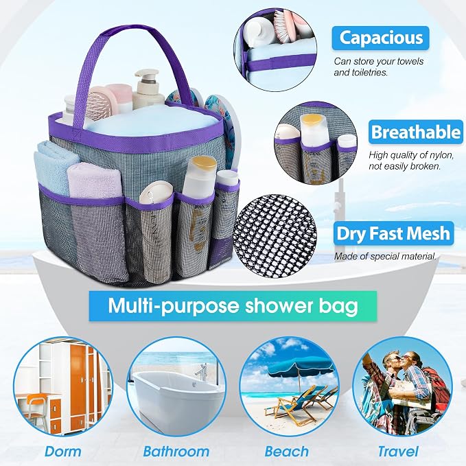 Mesh Shower Caddy Portable - 9 Pockets for College Dorm Room Essential | Large Capacity Mesh Shower Caddy with 9 Pockets, Portable Hanging Toiletry Bag for College Dorm, Gym, Camping and Beach