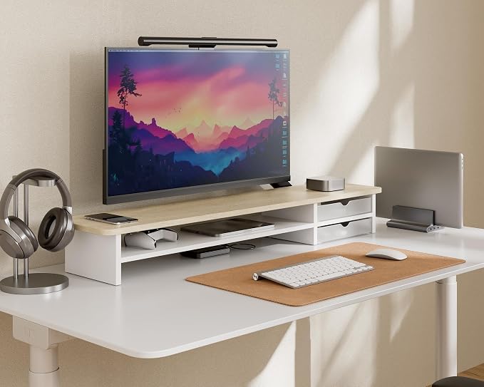 Fenge Monitor Stand, Desk Computer Riser with Frosted Storage Drawer, Oak | 42.5 Inch Dual Monitor Riser, 2 Tiers, Cable Management, Desk Shelf for 2 Monitors, Ultrawide Screen, Laptop, TV, Home Office