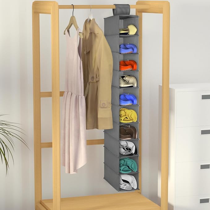 Libeder 10-Shelf Hanging Closet Shoe Organizers and Storage, Grey | Hanging Closet Organizer for Wardrode,Dorm, Folding Shoe Racks Hanger, Space Saving Hanging Shelves