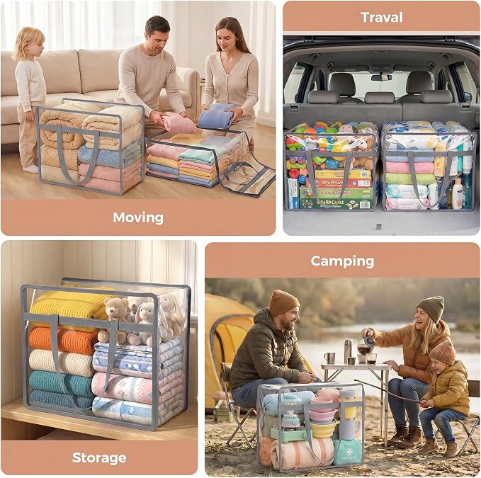 4 Pack Clear Storage Bags for Clothes, 40L Closet Organizers and Storage | Plastic storage with zipper and handle, moving bags, under-bed storage, closet organizer for blankets, comforters, toys