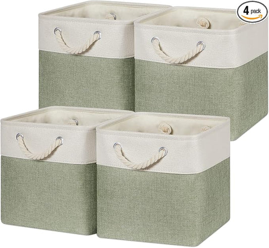 Temary Cube for Shelves 11 Inch Bin 4Pack Fabric Storage Baskets for Organizing Toys, Clothes, Decorative Baskets with Rope Handles (White&Green)