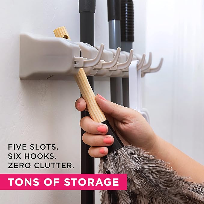 Broom Holder Wall Mount, Mop and Broom Organizer – Wall Mounted Broom Rack & Mop Rack, Rack for Brooms and Mops | Broom Hanger Wall Mount with 5 Slots & 6 Hooks, Kitchen Garage Laundry Garden (Beige)