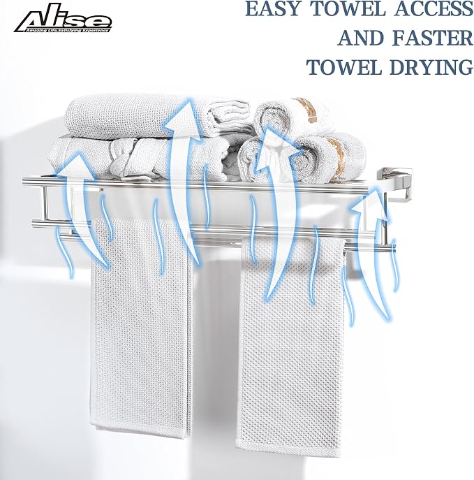 Alise Double Towel Rack for Bathroom Wall Mounted 20 Inch,Polished Chrome | SUS304 Stainless Steel Towel Rack with Shelf,Bathroom Tower Holder Towel Shelf with Double Towel Bars for Lavatory Kitchen
