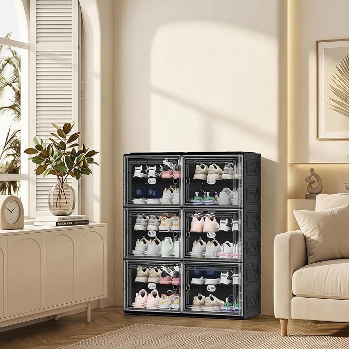 Foldable Shoe Cabinet with Magnetic Clear Doors, Wide Design Shoe Rack for Entryway, Portable Shoe Organizer Meeting Diverse Storage Needs (Black, 2Row 6Tier)