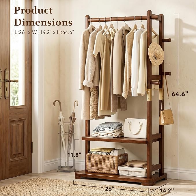 Taitiy Coat Rack Solid Wood Hall Tree Storage 2 Shelves 5 Hooks | Entryway hallway bedroom, durable solid wood construction, freestanding storage design, coats hats bags wallets