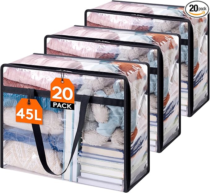 Lifewit 20 Pack Clear Clothes Storage Bags, 45L Plastic Blanket Storage Bag, Vinyl Foldable Moving Bags with Zipper, Closet Organizers and Storage Containers for Bedding, Duvet, Comforter