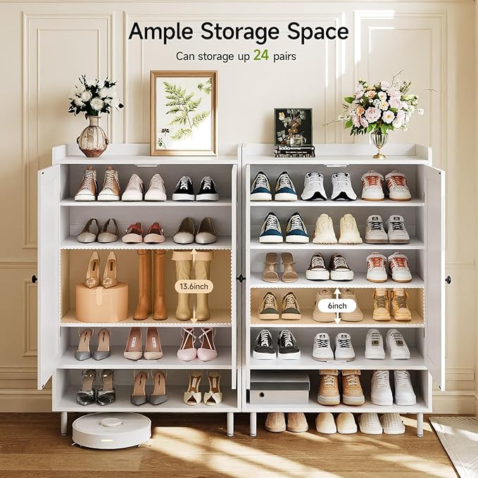 ComfyCorner White 7+1 Tier Farmhouse Shoe Storage Cabinet - 45" Tall Entryway Organizer with Cross Molding Doors, 3 Adjustable Shelves & Metal Legs, Shoe Rack for Front Door Entrance