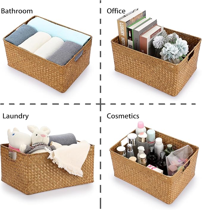 Hipiwe Seagrass Storage Baskets Bin for Shelf Large Handwoven Wicker Basket | Rectangular Bedroom Bathroom Organizer Built-in Handles, Multipurpose Woven Basket Bin Boxes,14.6"x 10.6"x 7.1"
