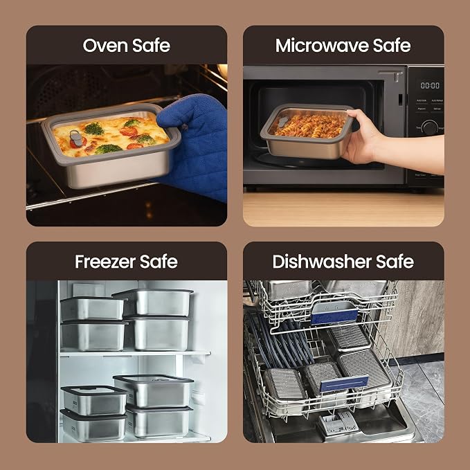 Stainless Steel Food Containers with Glass Lids, 2-Piece Airtight Food Storage Set, Rectangular, Stackable, Microwave and Dishwasher Safe, 2 x 88 oz, Silver Gray