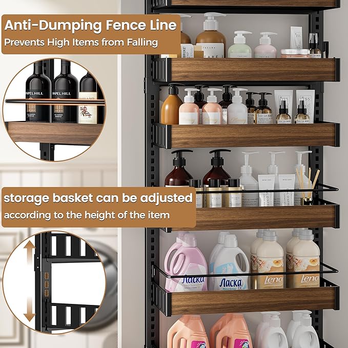 POKIPO 8 Tier Over The Door Pantry Organizer, 2 IN 1 Wall Mount or Hanging Spice Rack Seasoning Shelves with Adjustable Basket, Back of Door Organizer and Storage for Kitchen Cabinet and Room Closet
