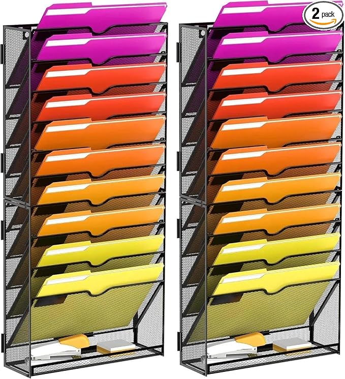 2-Pack 11-Tier Wall File Organizer with Base and Hooks, Black | Wall Organizer and Wall File Holder with 11 Vertical Pockets and Bottom Tray for Files, Mail, Folders, Magazines and Paper