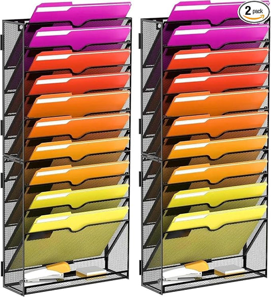 2-Pack 11-Tier Wall File Organizer with Base and Hooks, Black | Wall Organizer and Wall File Holder with 11 Vertical Pockets and Bottom Tray for Files, Mail, Folders, Magazines and Paper