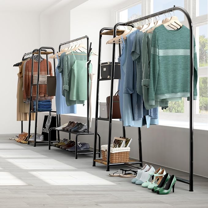 Simple Houseware Heavy Duty Clothing Garment Rack with 4 Shelves, Black | Portable Closet Organizer for Hanging Clothes
