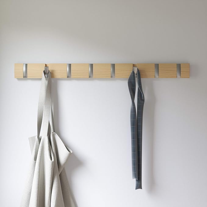 Umbra Flip Coat Rack, Wall Mount 8-Hook, Space Saving, Natural/Nickel | Real wood and steel build, retractable hooks fold flat, holds coats bags and scarves, easy install