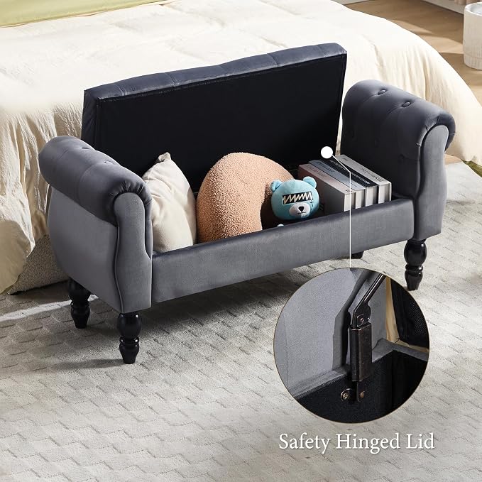 47″ Storage Bench with Arms End of Bed Bench,Velvet Entryway Bench with Storage, Button Tufted Upholstered Ottoman Bench Wood Legs, Window Sitting Bench for Bedroom/Living Room, Dark Grey
