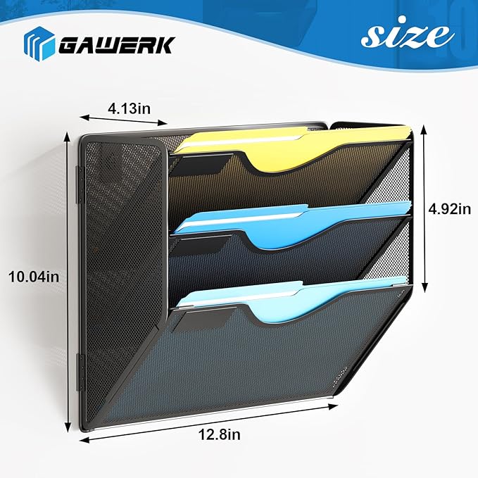 Gawerk 3 Tier Hanging Wall File Organizer, Mesh Mail Paper Orgnization Hanging File Folder Holder for Home Office, Black