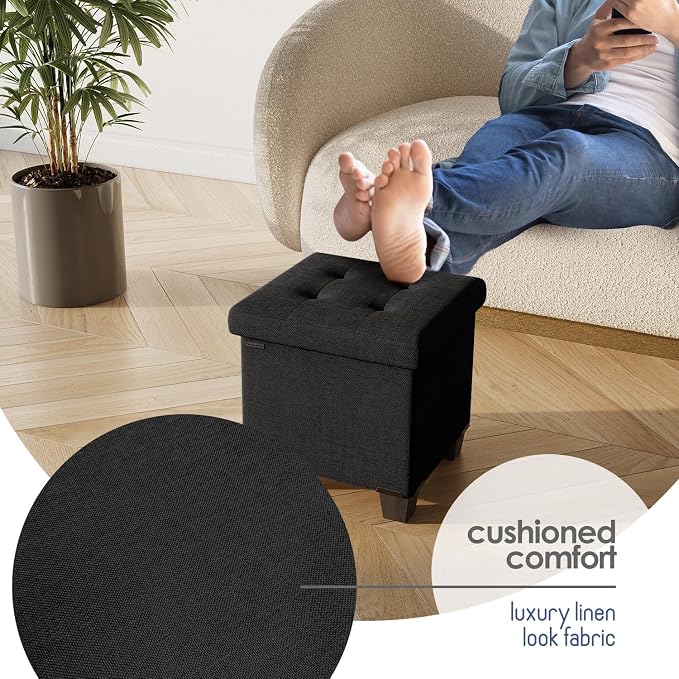 Storage Ottoman Cube with Small Bin, 15-in Square Ottoman with Storage for Living Room and Bedroom, Small Ottomans Foot Rest, Fabric Foot Stools Ottomans Max 330lbs, Black
