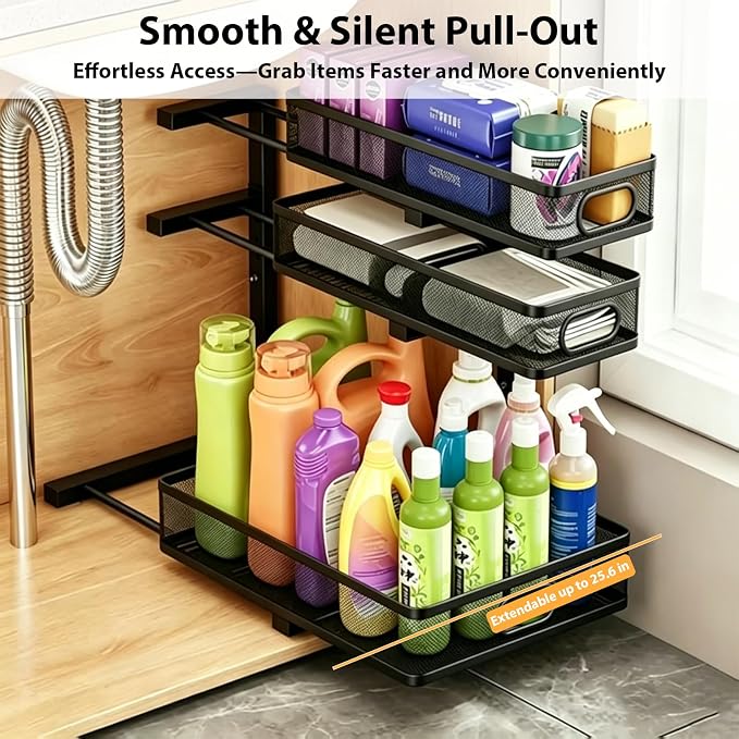 2 Pack Bathroom Under Sink Organizer, 3-Tier Pull Out Kitchen Cabinet Organizer with 5 Adjustable Heights Metal Slide Out Storage Makeup Drawer Rack for Bedroom Office Pantry Home Organization, Black