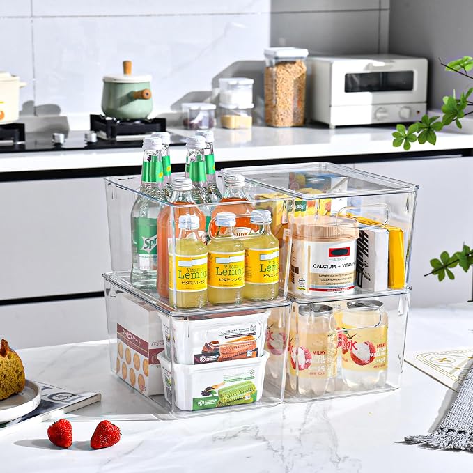 Freebat 12 Pack Clear Storage Bins with Lids, 7 Quart Pantry Organizer Bins | Stackable Plastic Storage Containers, Pantry Organization for Office, Bedroom, Cabinet, Fridge,Kitchen Organization