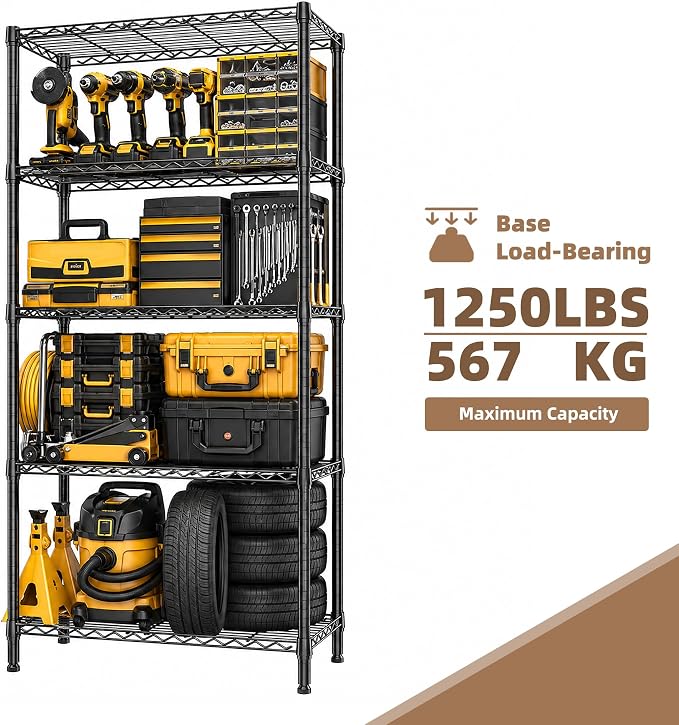 M MZG 5-Shelf Heavy Duty Garage Shelving Wire Adjustable Storage Rack for Kitchen Laundry Bathroom Pantry 1250 lbs Capacity Black 15.8 x 33.5 x 68.5 Inch