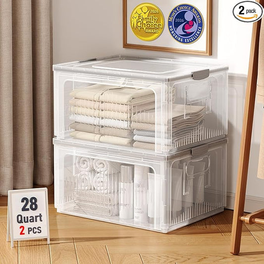 OlarHike 28QT Collapsible Storage Bins with Lids, Clear Box for Home-2 Pack | Plastic Organizer Box, Foldable Tote & Container for Closet, Living Room, Garage, Stackable Straight Design Offers More Space