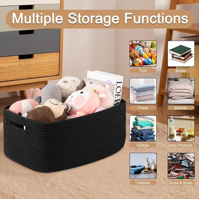 OIASKET Large Storage Basket for Organizing, Woven Rope Basket for Shelves, Closet Organizer Bins for Clothes, Blanket, Toys, Baby Nursery Storage, 17.7" x 13" x 7.87", 2 Packs Black