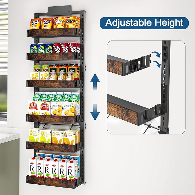 BUKFEN 6-Tier Over the Door Pantry Organizer, 2-in-1 Door Hanging or Wall Mounted Spice Rack with Adjustable Wooden Baskets, Heavy Duty Metal Storage Shelf, 12 Hooks for Kitchen, Bathroom, Closet