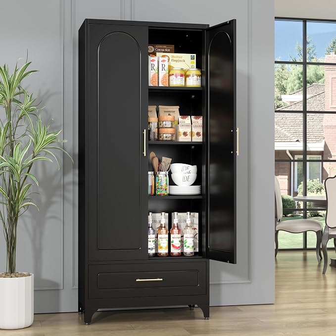 SteeLoong 75” Kitchen Pantry Cabinet, Metal Storage Cabinet with Drawer | Black Pantry Cabinets for Kitchen Storage with 3 Adjustable Shelves,Tall Freestanding Cupboard for Living Room,Kitchen,Garage
