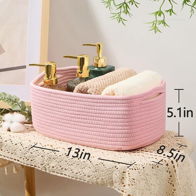 MiniArk Small Storage Baskets for Organizing | Closet Organizer Bins | Shelf Toy Basket | Woven Rope Baskets | Cube Decorative Box | Shallow Basket | 13x8.5x5.1” | 4 Packs Light Pink