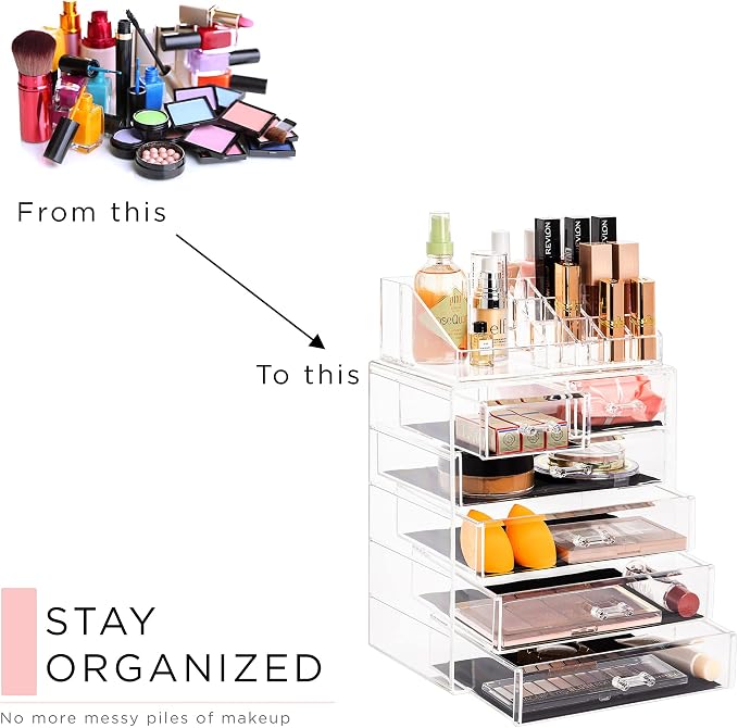 Sorbus Acrylic Makeup Organizer Set, 6-Drawer Vanity & Countertop Cosmetic Storage with Small & Wide Compartments, Clear Makeup Storage for Brushes, Jewelry – Holiday Gift for Women & Teens