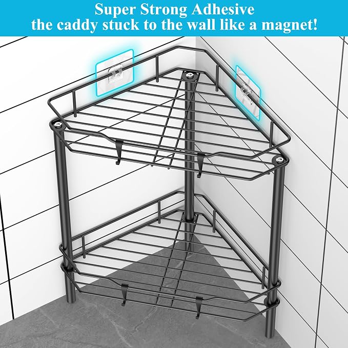 HuggieGems 2 Tier Floor Standing Corner Shower Caddy Organizer Shelf with Hooks, Bathroom Shelves Stand Rack, Matt Black