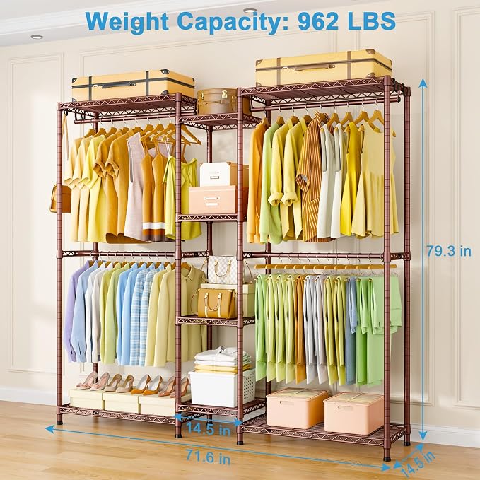 Ulif E4 Clothes Rack, Heavy-Duty Garment Rack Can Be L-Shaped Closet System | Bronze Metal Freestanding Clothing Organizer Storage System with Shelves and Hangers, Load 962lbs, 71.6"W x 14.5"D x 79.3"H