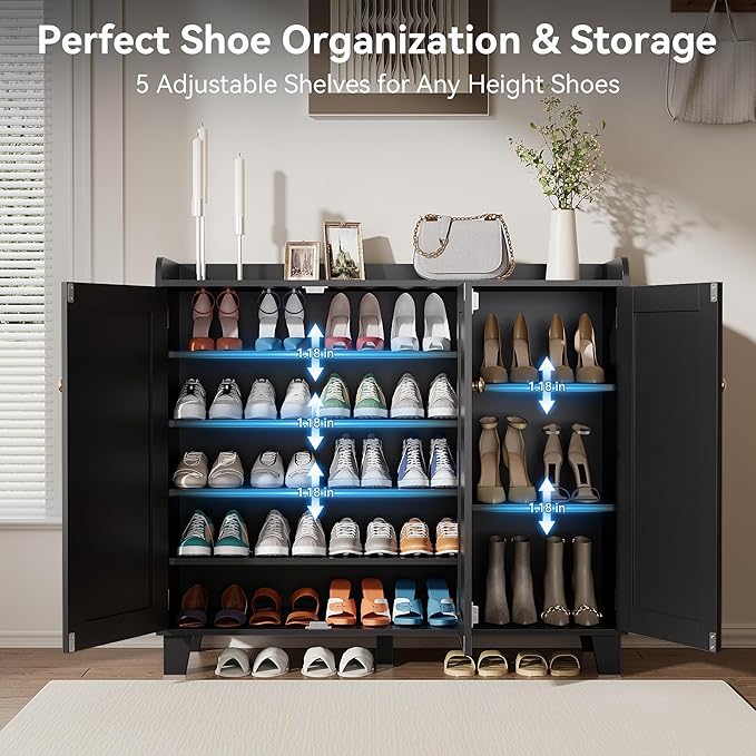 Shoe Storage Cabinet with 3 Doors and Adjustable Shelves，40 Inch Tall Farmhouse Flat-Shelf Wooden Shoe Cabinet，Shoe Rack Shoe Organizer Cabinet for Hallway Entryway Living Room （Black）