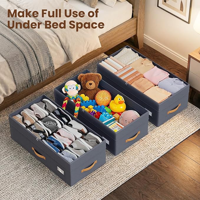 Budding Joy 80L 2 Pack Adjustable Under Bed Storage Containers with Wheels | Rolling shoe storage organizer with clear lids and label for dorm home clothes, blankets, toys, easy to install, grey