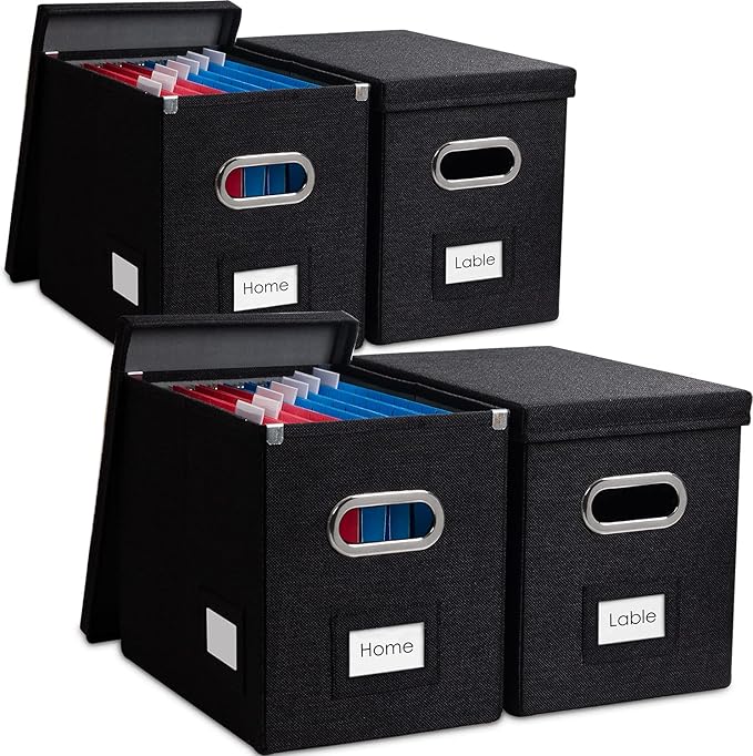 File Organizer Box - Set of 4 Collapsible Decorative Linen Filing Storage Hanging File Folders with Lids Office Cabinet Letter Size Black (14x9.3x10.8 inch)