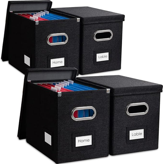 File Organizer Box - Set of 4 Collapsible Decorative Linen Filing Storage Hanging File Folders with Lids Office Cabinet Letter Size Black (14x9.3x10.8 inch)