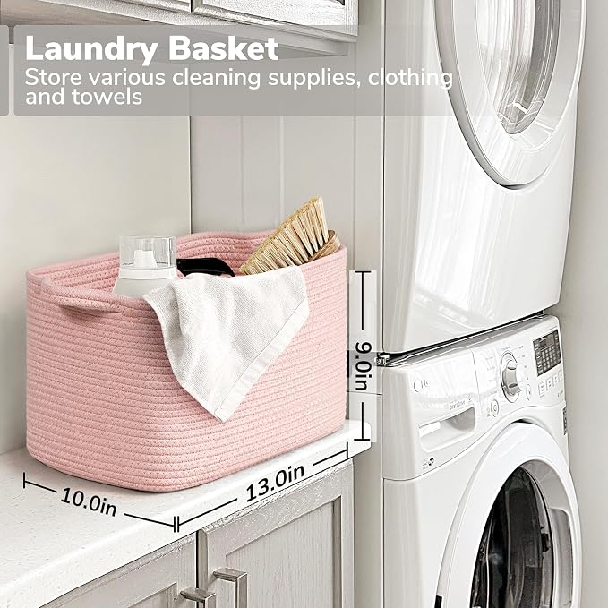 Goodpick Cotton Rope Storage Basket for Gifts, 13" x 10" x 9", Pink | Toy, Book & Baby Essentials Storage, Nursery & Closet Organization, Reinforced Handles, Stylish Home Decor