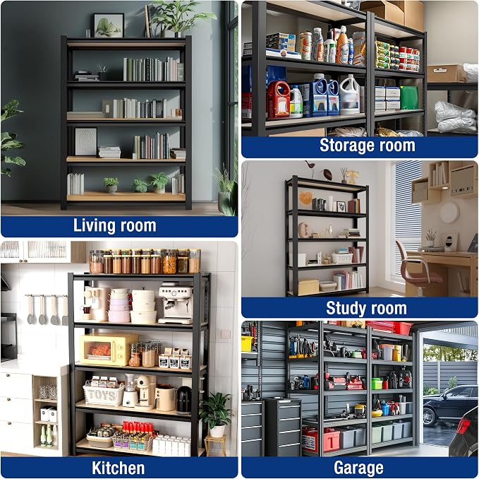 WORKPRO 5-Tier Black Shelving with Board, 36.2”Wx16.5”Dx72”H, 3000LBS Load | Adjustable, Heavy Duty, 3000lbs, Boltless Shelving for Kitchen, Living Room, Garage