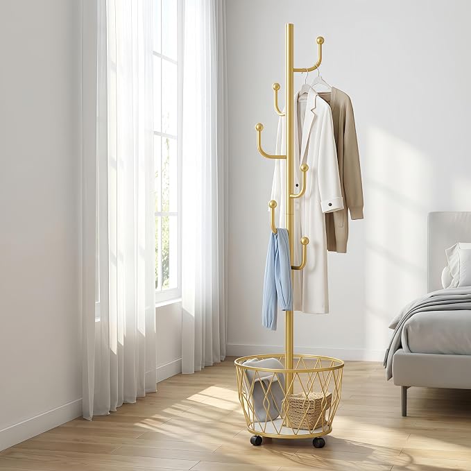 Gold Moveable Cactus Metal Coat Rack with Basket Freestanding 65inch | Modern Organizer for Scarf Jacket Hat Bags Ideal for Home Entryway Bedroom Corner Stable
