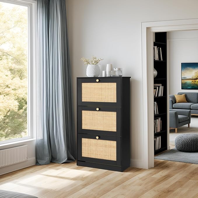 Finnhomy 3 Tier Shoe Cabinet with Natural Rattan Flip Drawers for Entryway, Free Standing Slim Shoe Storage Organizer with Large Top Board, Shoe Cabinet with Adjustable Width Drawers, Black