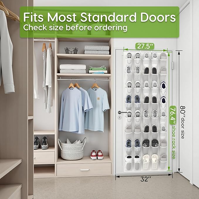 Over the Door Shoe Organizer with 40 Large Breathable Mesh Pockets, Space Saving Shoe Holder, Hanging Shoe Rack for Entryway Bedroom Closet Storage (White, 40 Pockets)