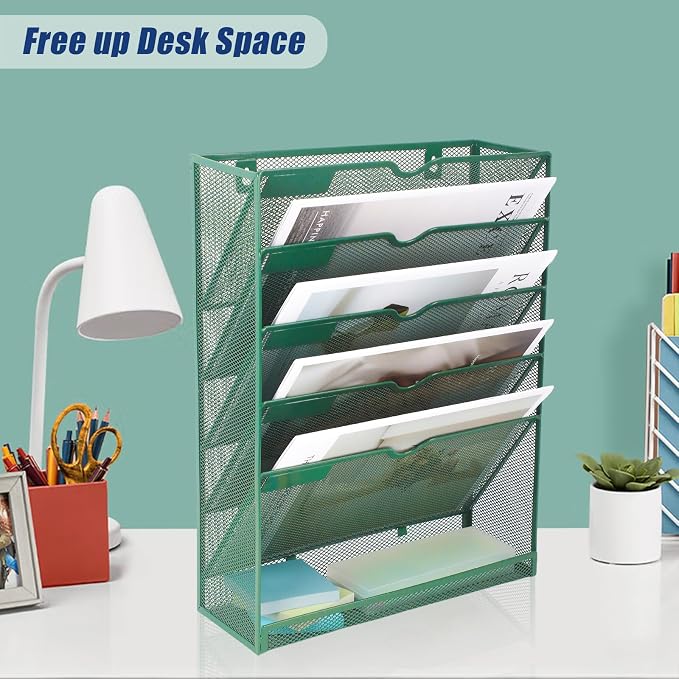 EASEPRES 6 Tier Desk File Organizer, Mesh Hanging Wall Mount Document Organization Stand, Desktop Vertical Mail Paper Folder Holder Rack with Bottom Tray for Office Cubicle, Sides Closed, Dark Green