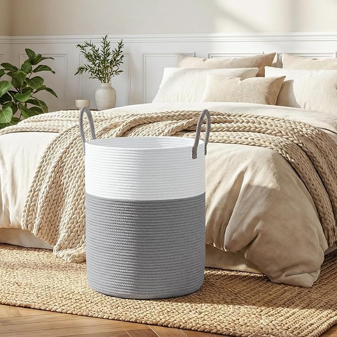 OIAHOMY Large Laundry Basket Hamper - 60L Cotton Rope Woven Basket for Blankets, Toys, Clothes - Tall Decorative Nursery Hamper with Long Handles, Grey/White
