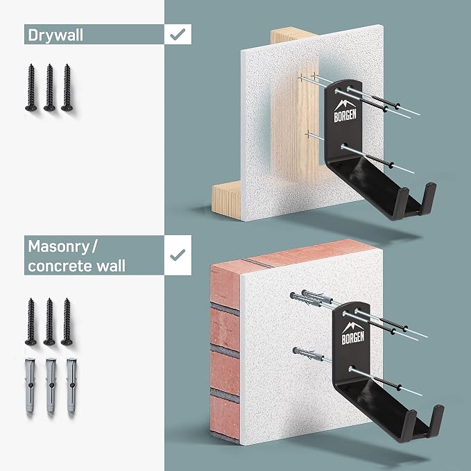 Borgen Bike Wall Mount Pedal Hook for E-Bikes, MTB & Road - Bicycle Wall Mount with Support Brackets and Wall Protection Pads, Suitable as Bike Rack Garage Bike Storage Shed and Bicycle Storage Indoor