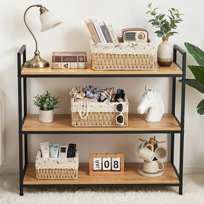 Wicker Storage Baskets, Handwoven Paper Rope Organizer Bins with Removable Floral Liner, Large for Bathroom, Pantry, Shelf, Countertop, Closet (Beige, L)