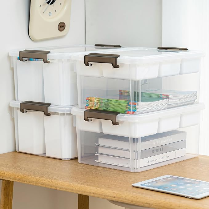 Citylife 17QT 4Packs Clear Craft Organizers and Storage Bins with Lids | Stackable Art Supply Organizer with Tray and 6 Inserts for Markers, Crayons, Pencils, Tools, Playdoh, Coloring Books